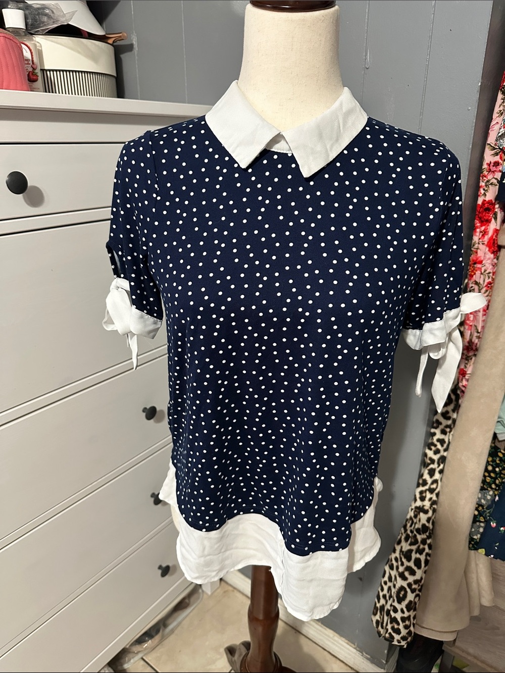 Faith and Joy Navy Polka Dot Blouse with White Trim